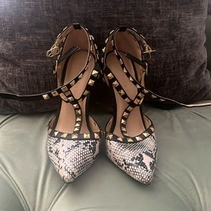 Black and White Snake Print Bite Studded Stilettos